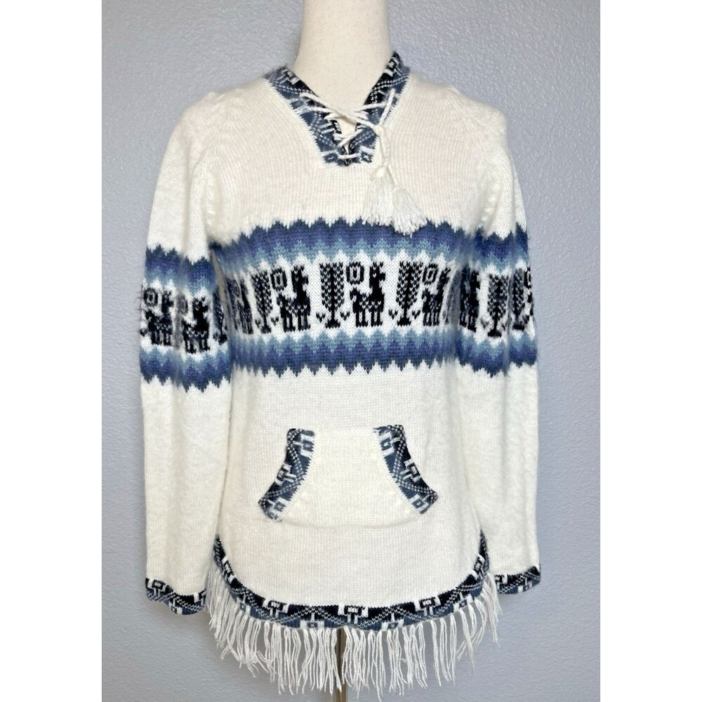 Peruvian Albinaas Alpaca Sweater Tasseled Hooded Hand Woven sz S gift SOFT warm